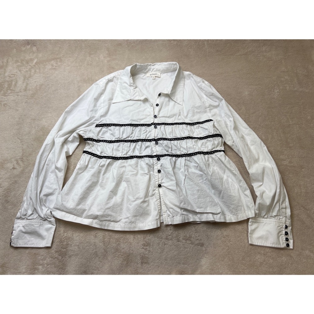 Bohme Button Down Blouse Womens Medium White Ruffle Peplum Lace Trim Long Sleeve